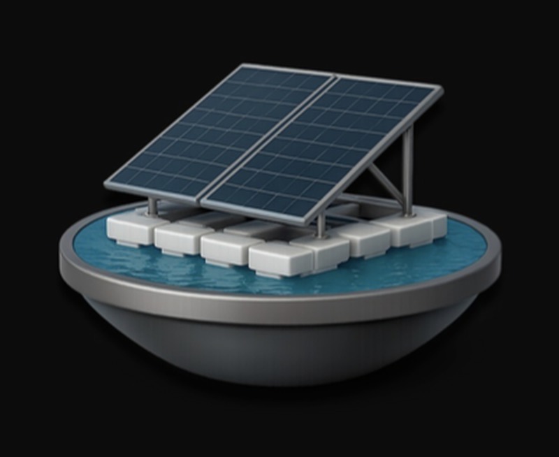 Ilustração de módulos fotovoltaicos montados sobre flutuadores modulares em lâmina d'água