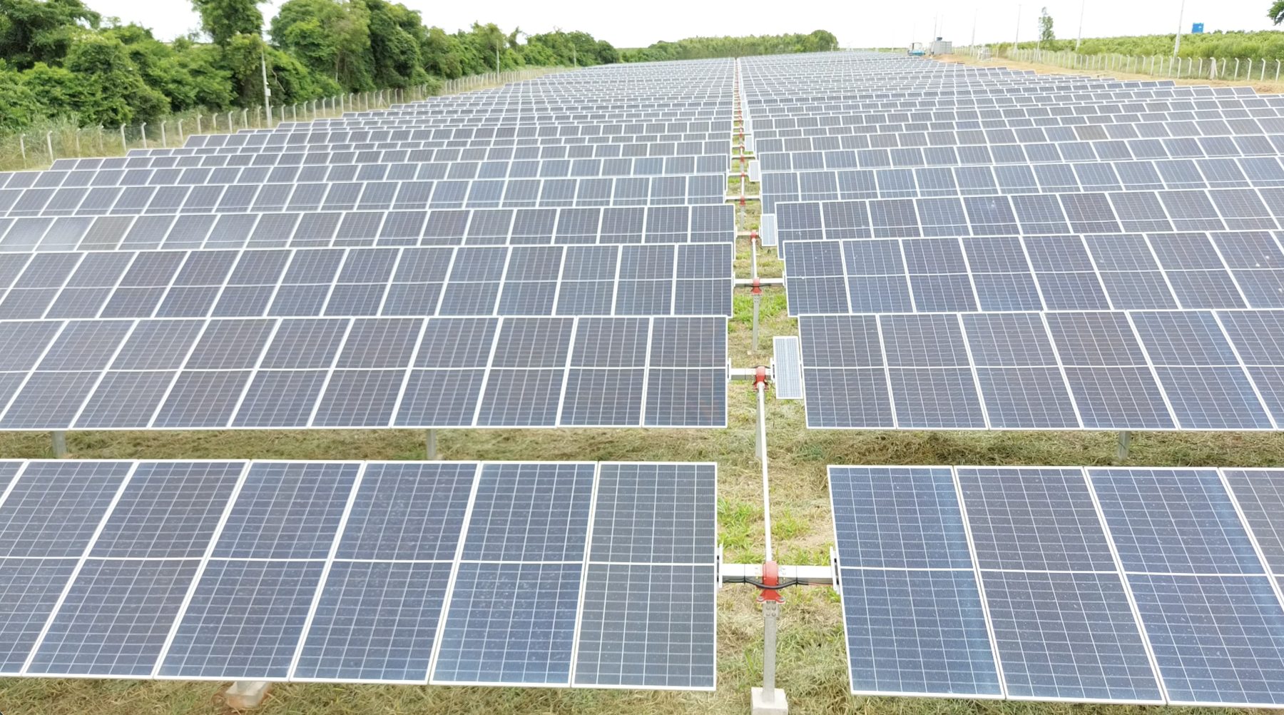 Fileiras de módulos em usina fotovoltaica executada pela Soluxis