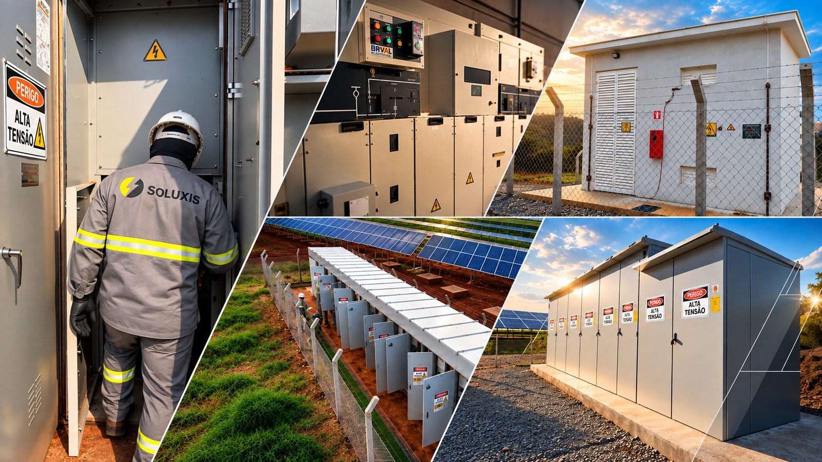 Composição com cubículos de média tensão, casa de comando e conjuntos de conexão de usina fotovoltaica
