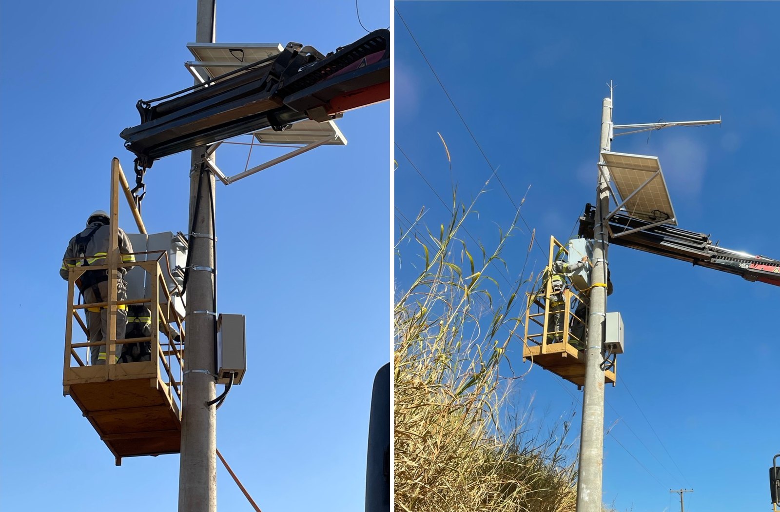 Montagem de poste de monitoramento autônomo com módulos fotovoltaicos, com equipe em cesto aéreo